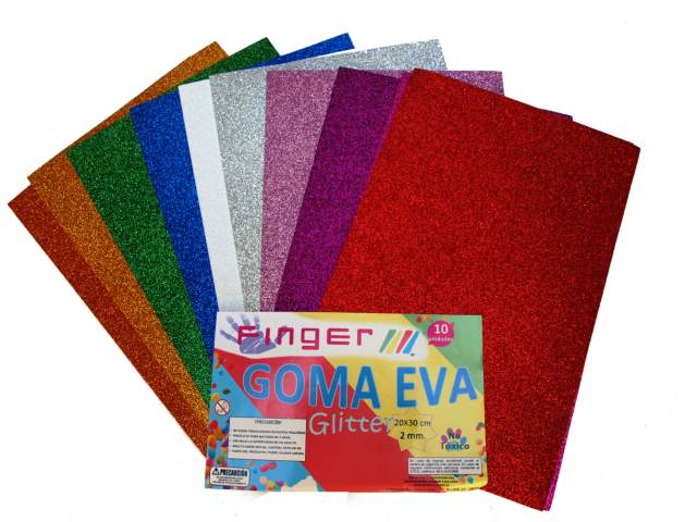 [3113] goma eva glitter set multicolor  10 unidades 2mm 20x30 cm - Finger