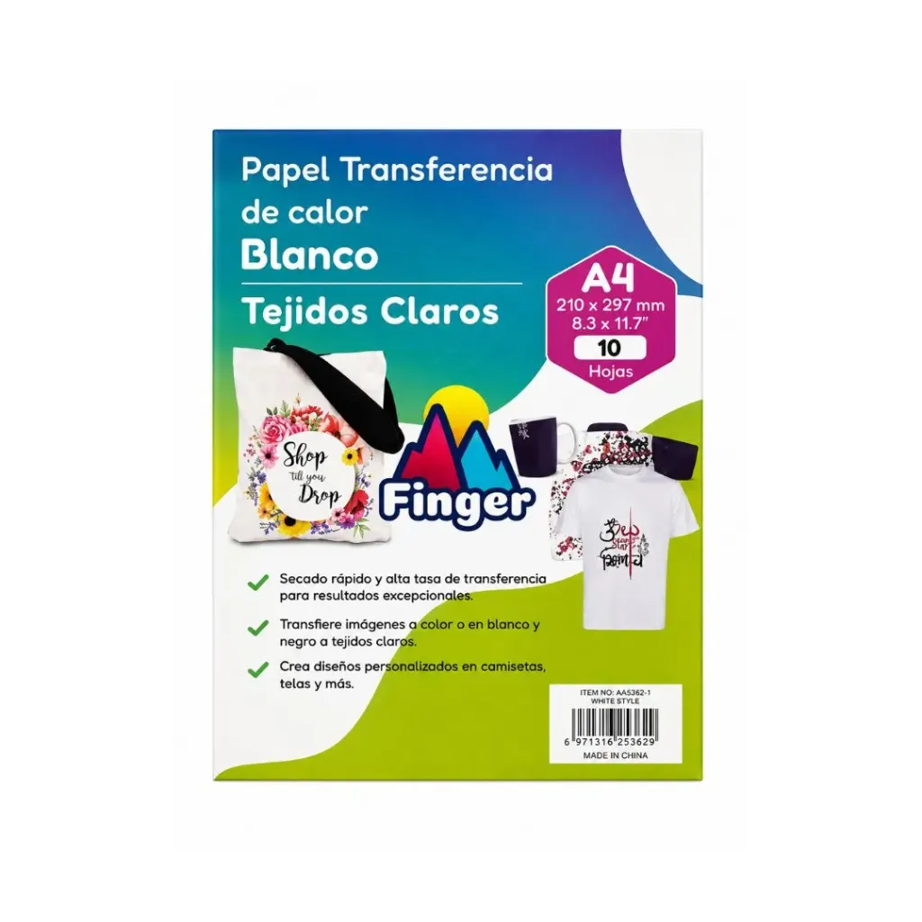 Papel sublimación A4 tejidos claros 10 unidades - Finger / AA4248