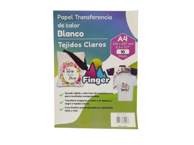 Papel sublimación A4 tejidos claros 10 unidades - Finger / AA4248