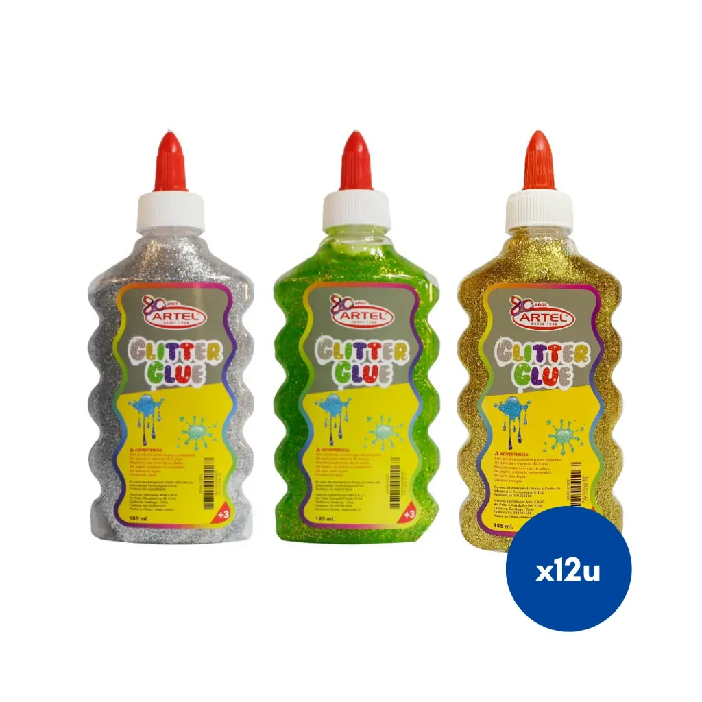 Caja 12 unidades Adhesivo glitter glue colores 185g - Artel