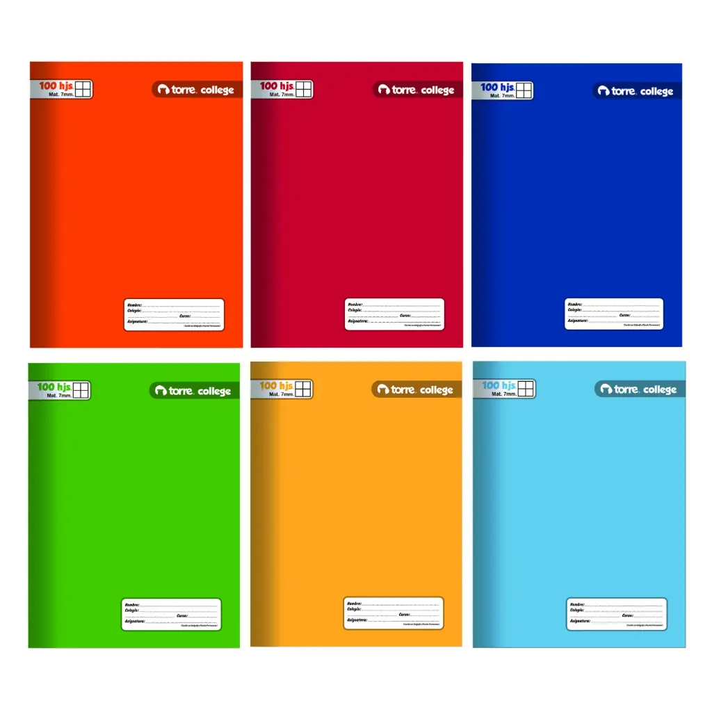 Pack 10 unidades Cuaderno college liso 7mm 100 hojas - Torre / 23414