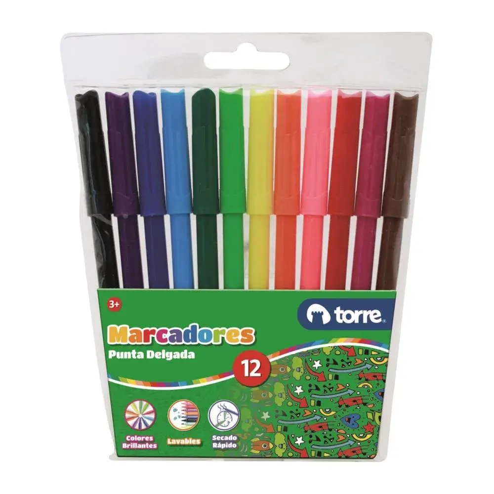 [kit-3819] Caja 12 unidades Marcadores punta delgada 12 colores - Torre / 27351