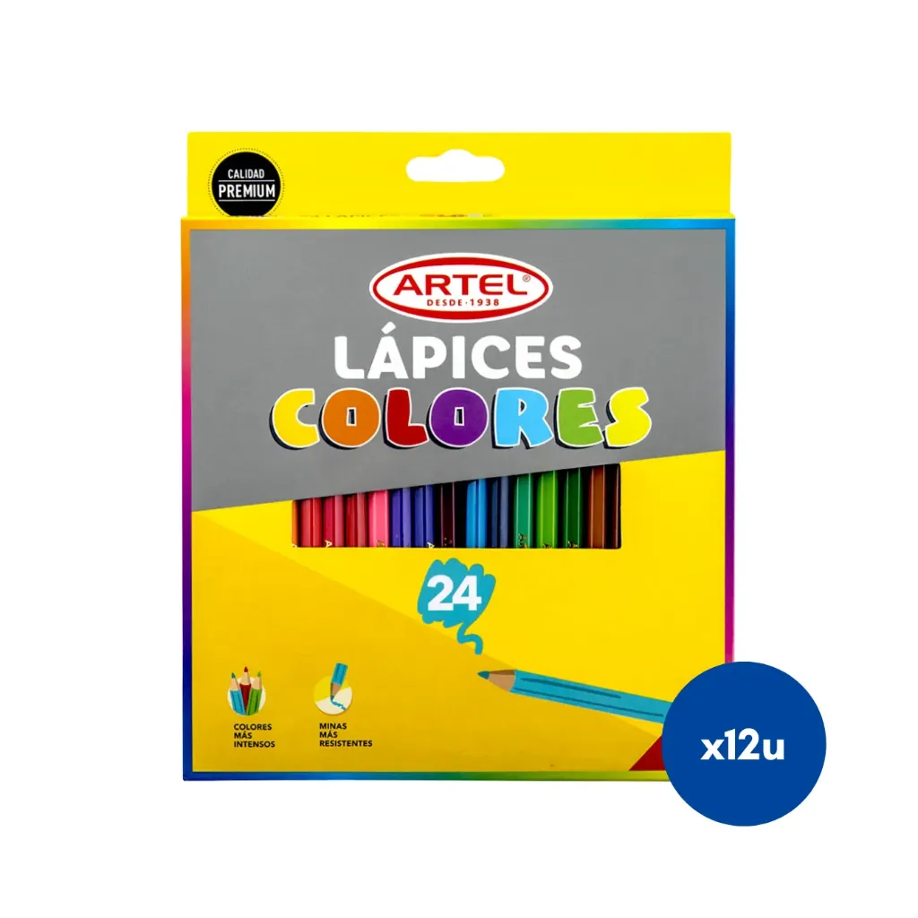 [kit-2689] Caja 12 unidades Lápiz color largo 24 madera hexagonal - Artel