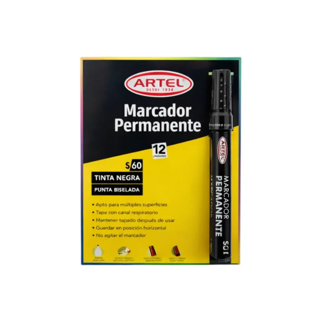 [kit-1371-negro] Caja 12 unidades Marcador permanente punta biselada - Artel (negro)