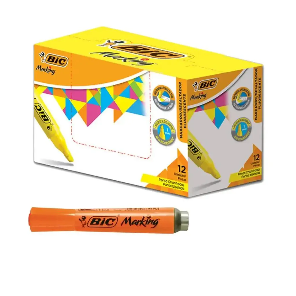 [kit-175-naranjo] Caja 12 unidades Destacador marking punta biselada 4 colores - Bic (naranjo)