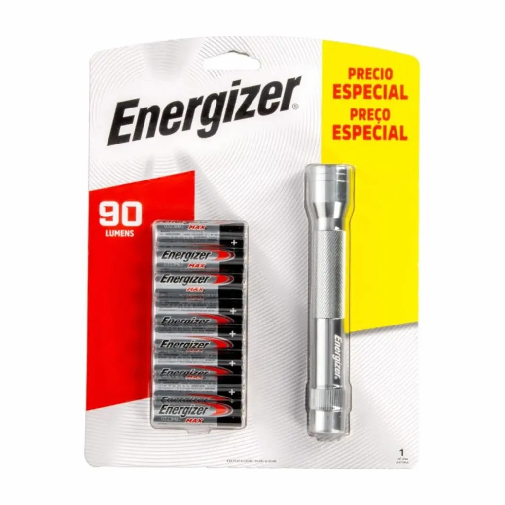 [kit-5025] Caja 4 unidades Linterna metal 90 lúmenes + 8 pilas AA - Energizer