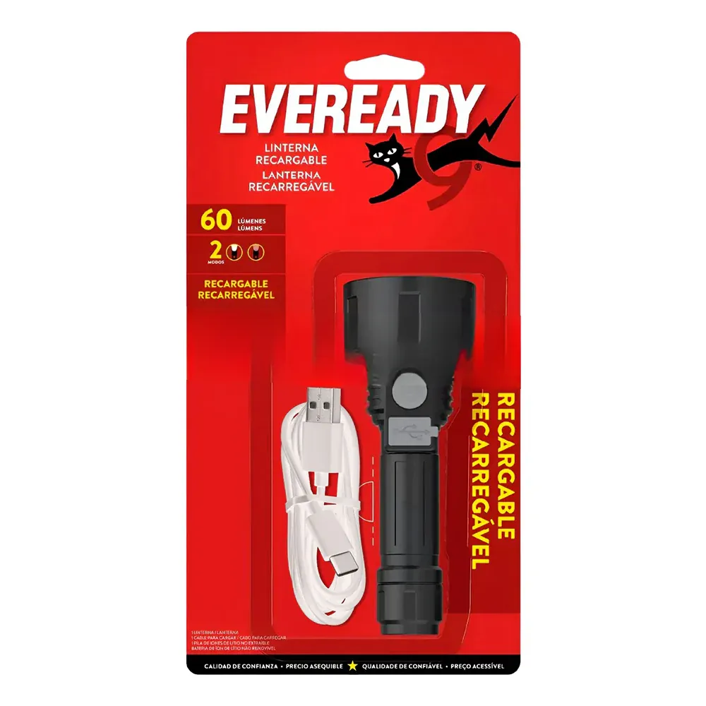 Caja 4 unidades linterna recargable usb 2 modos 60 lúmenes - Eveready