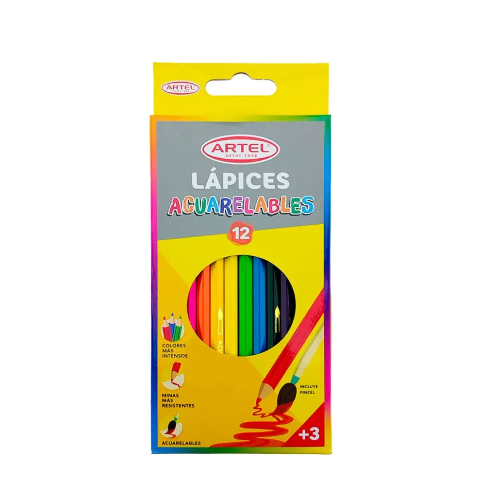 [kit-1421] Caja 12 unidades Lápiz color largo acuarelable 12 colores - Artel