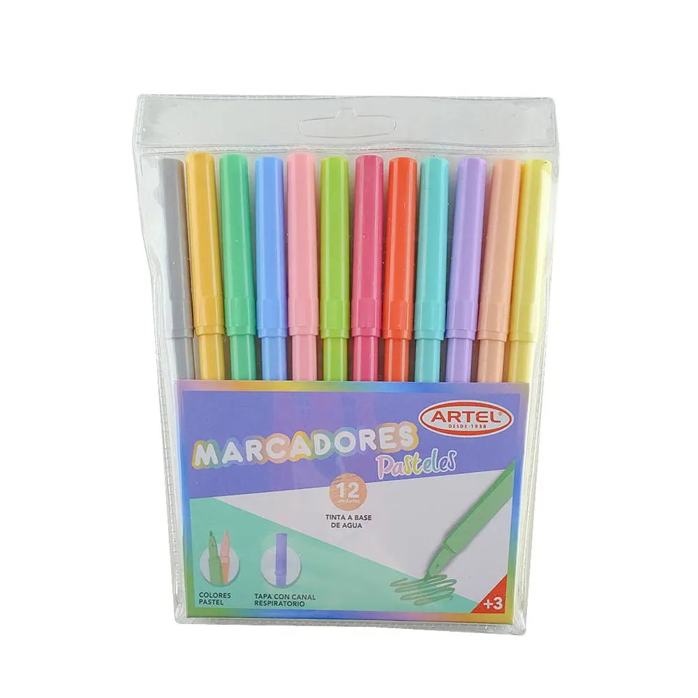[kit-4580] Caja 12 unidades Marcadores pasteles punta fina 12 colores - Artel