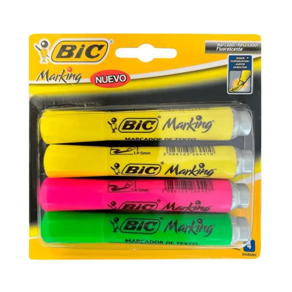 Caja 25 unidades Destacador marking punta biselada 4 unidades 3 colores - Bic