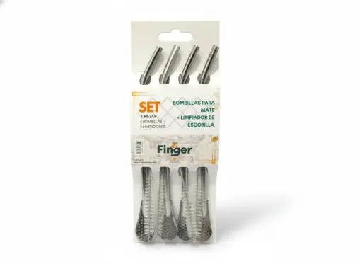 [4985] Bombilla mate plateada con limpiador 4unidades AA5837 - Finger